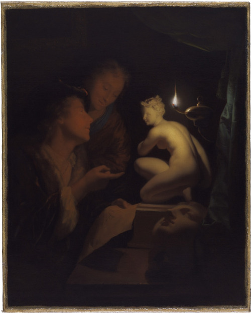 flyse: Young Man and Woman Studying a Statue of Venus, by Lamplight, Godfried Schalcken (Dutch, 1643