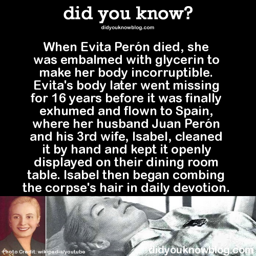 did-you-kno:    Her embalmer, Pedro Ara, was so meticulous that he preserved the body with all its internal organs, which are normally removed. He also (allegedly) made several wax and vinyl replicas of Eva Peron’s body, which were indistinguishable