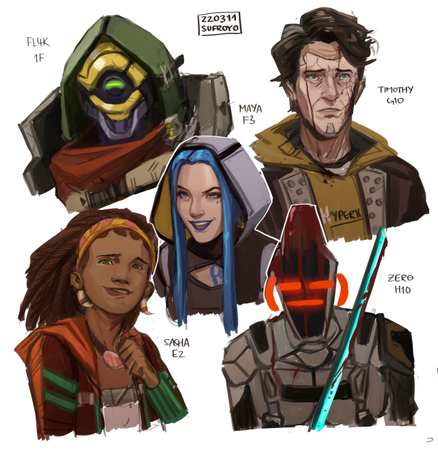 headshot drawings of borderlands characters. fl4k is squinting their eye as if smiling, timothy is looking desolate and beat up, maya looks mischevious, sasha is holding back a laugh with tears in her eyes, and zer0 is irritated with blood covering them.