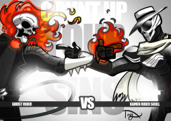 kaijuemperor:  Ghost rider:Look into my eyes! Let your soul burn for your sins! Skull:Now count up your sins! Art by:http://greatwuff.deviantart.com/