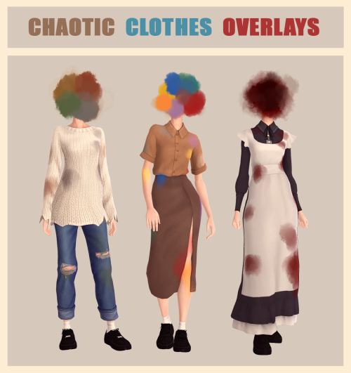 stamsim:                                     Chaotic Clothes Overlays
No more ideal clothes for your chaotic sims! Dirt, mud, blood, sludge 
and paint overlays that can lay on almost any clothes. See my 
lookbooks for more ideas~
Thirteen 

 Types of Overlays
Disabled for random

Ring CategoryMale-FemaleTeen-Elder
Palettes for paint swatches by @cosmicamos @softerhaze @frubynoo @sundialsims @pyxiidis

DOWNLOAD (sfs) | TOY #ooooooh#blood tw#accessories