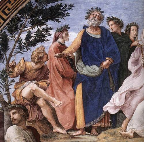 The Parnassus, detail of Homer, Dante and Virgil, in the Stanze della Segnatura, 1511, RaphaelMedium