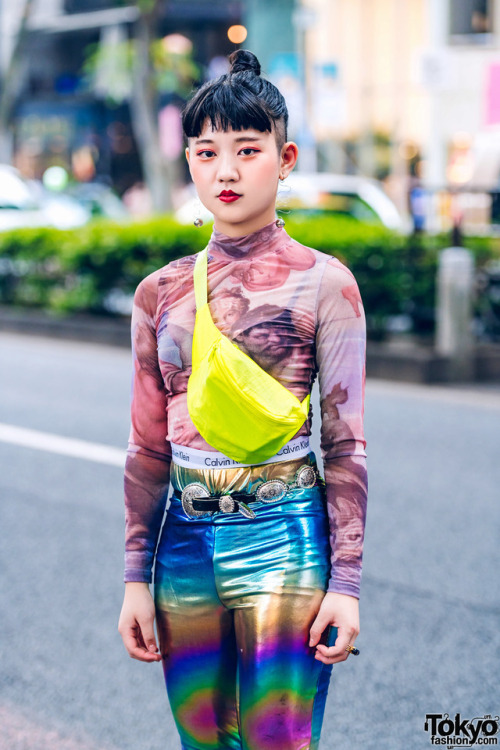 17-year-old Japanese student Runa on the street in Harajuku wearing a graphic top by Nodress with be