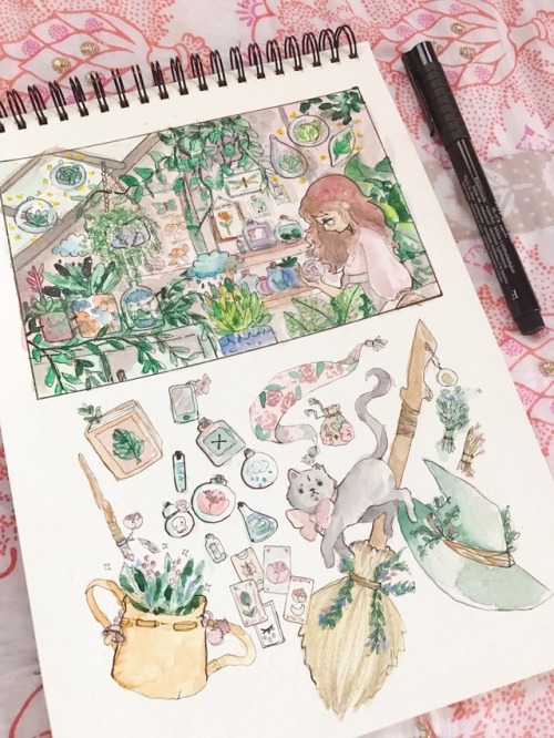 pinwheelbunny: Pen and watercolor doodle. Plant witch Willow and her stuff.