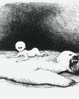 decomposion:  Art history meme (x) - 4/8 artists - Edward Gorey  But then the demon, much too soon, Returned one Sunday afternoon  