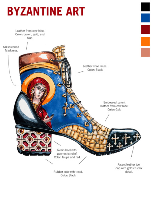 yungvermeer:  A Walk Through Art History I designed these shoes with a unique goal in mind: to create a shoe as a summation of an entire culture’s art. Each shoe possesses design qualities, color palettes, and designs only found in the respective culture.