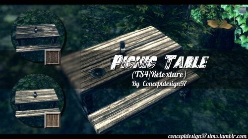 TS4 - Picnic Table (retexture)Download here
• If you like it, let me a “like” or reblog me !
Please don’t re-upload this file, or claim it as your own.