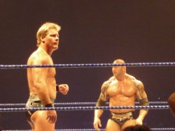 rwfan11:  Chris Jericho and Batista …the crowd is torn between these two hotties!  I would love to be between these two hunks! 