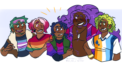 ID: a line up of BroZone as humans from the waist up. They are all wearing shirts with different pride flags on them: John Dory wears the trans flag, Floyd wears the rainbow flag, Clay wears the aroace flag, and Branch and Bruce both wear the bi flag. Branch's brothers are all smiling down at him supportively.