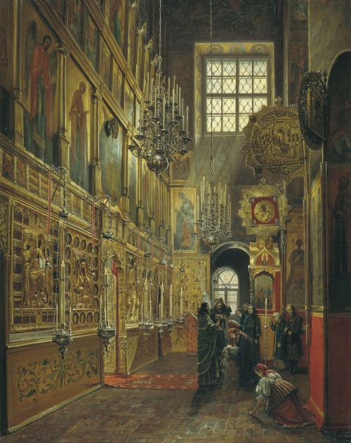 oldpaintings:Mass at the Moscow Cathedral of the Annunciation by Stepan Mikhailovich Shuhvostov (R