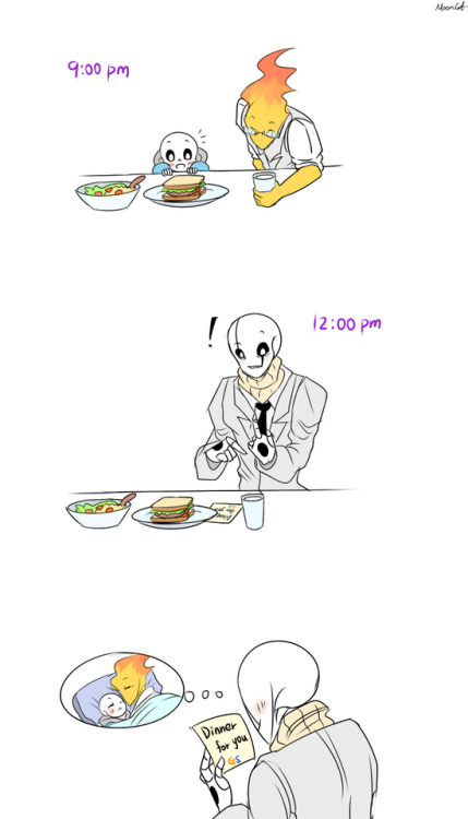 mooncatyao:  [Dinner] Grillby & little Sans<First part>(Previous)/(NEXT)                                                         