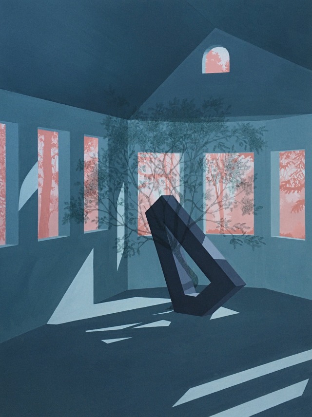 triangular polygon in a blank room lined with windows, a ghostly tree wrapped around it