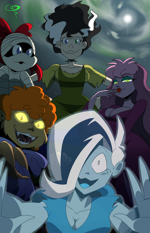 chillguydraws: The Ghoul Girls   The Ghouls of Grimwood’s have come back to celebrate this very special Halloween, and now they’ve got all 6 members thanks to the recent crossover with OK KO.  Included are the two versions with and without best witch.