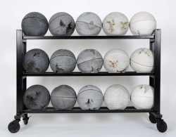 contemporary-art-blog:  Daniel Arsham, Ash glacial rock obsidian rose quartz and steel eroded basketballs, 2014 