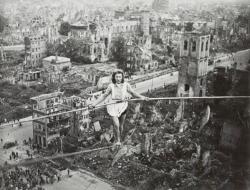 wolfenstain:  High wire circus artist on the ruins of Cologne, Germany, 1946.