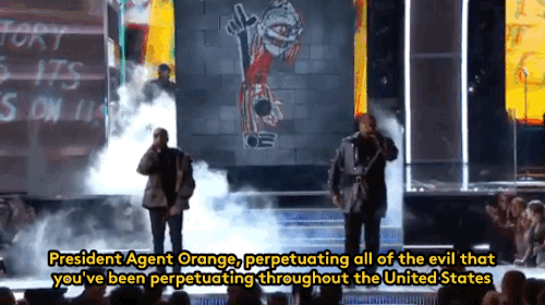 refinery29:  A Tribe Called Quest and Busta Rhymes just spent several minutes on national TV giving Donald Trump a huuuuge screw youGifs: The Grammys on CBS/The Hollywood Reporter