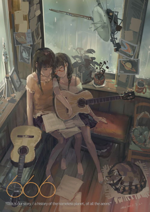 mashiro:  original, voyager, hjl, 2girls, acoustic guitar, artist name, barefoot, bare legs, bare shoulders, black hair, braid, cat, coffee mug, dated, feet, guitar, instrument, megane, multiple girls, paper, plant, raccoon, rain, red-framed glasses,