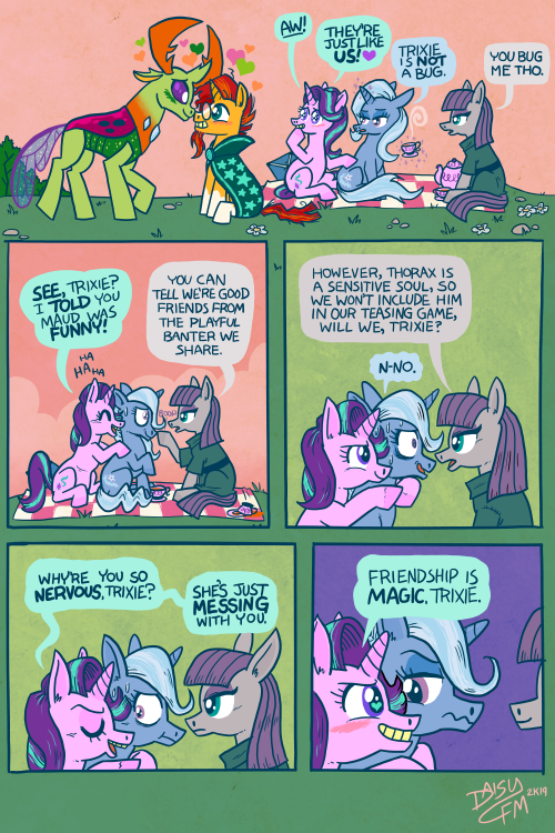 gastrophobia:  I adore how Starlight Glimmer’s friendgroup outside of Twilight & Spike are all outcasts and rebels like her. She nearly just became that-pony-who-hangs-out-with-the-elements-of-harmony, but thankfully dodged that bullet. Anyways,