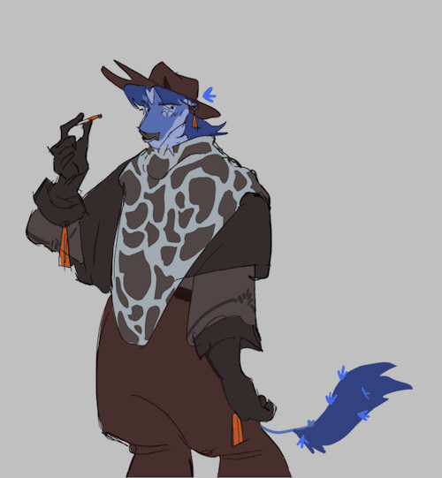 digital drawing GIF of micha, an anthro cornflower moobloom from minecraft, wearing cowboy clothes and holding a cigarette. the linework is shaky as it switches between two frames.
