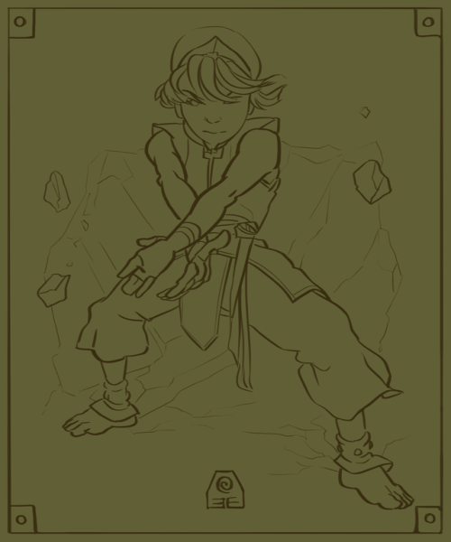 daily-toph: day 1237 [id: Line drawing of Toph in an Earthbending stance with her elbows locked and 