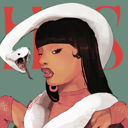 A drawing of Megan Thee Stallion's "HISS" Single cover art. Megan has brown skin and long black straight hair with bangs covering her forehead. Megan is wearing a long sleeved red mesh top and has her hands on her shoulders. There is a white snake loosely wrapped around her neck with it's head facing hers, hissing. The background is a teal color with the word "HISS" in all capital letters behind her.
