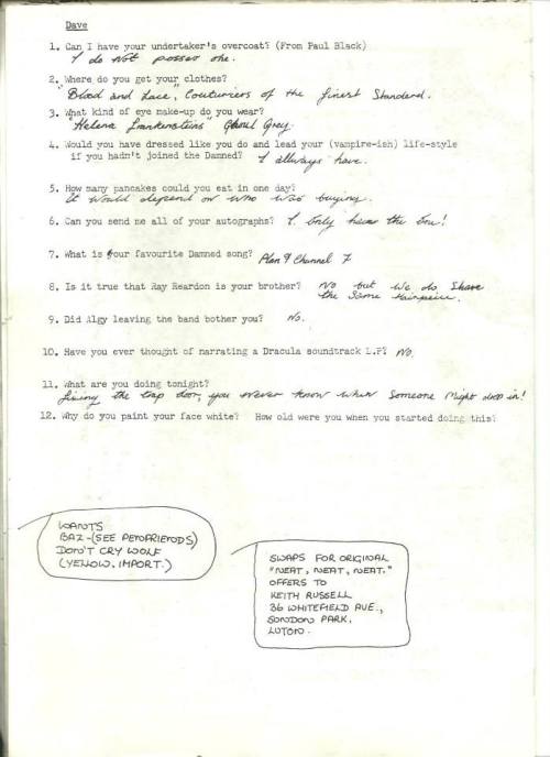Dave Vanian’s handwritten questionnaire from the Damned’s Flashman Society official fanc