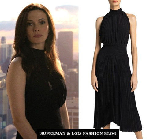 Who: Elizabeth Tulloch as Lois LaneWhat: A.L.C. Renzo Pleated Midi Dress - $595.00. HERE, HERE, HERE