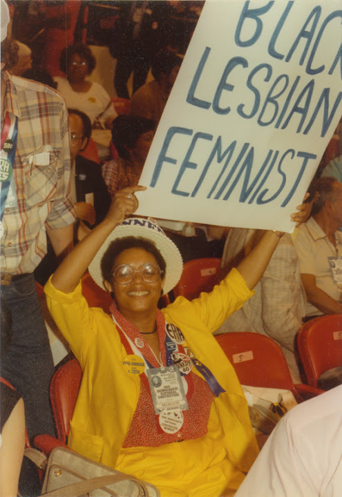 gayhistory:“Lesbian & Gay Caucus member holds a sign that reads “Black Lesbian Feminist” at the 