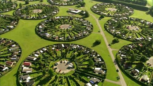 Circular house arrangements in Brondby Garden City, outside of Copenhagen, Denmark