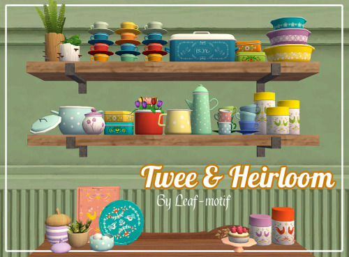 thimblesims: Twee &amp; Heirloom Sets by @leaf-motif:Two sets in one! A bunch of kitchen clutter