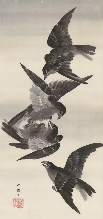 japaneseaesthetics: Crows on Wing飛雪鴉図Saida Eiholate 19th centuryMEDIUM/TECHNIQUEUnmounted hanging sc