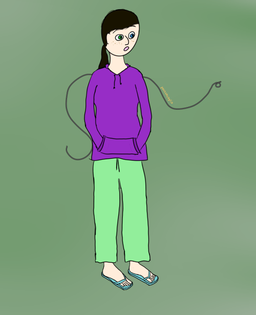 [Image description: A white woman in a purple hoodie, pale green pants, and light blue flip flops. T