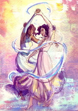 nillia: Based on a photo from my own wedding to my wonderful wife stuffinfluffcooking. &lt;3  Except they are dancing in small puddles, Korra water bending them as Asami twirls. Click on the picture to go to my storenvy. Follow me for more art like this.
