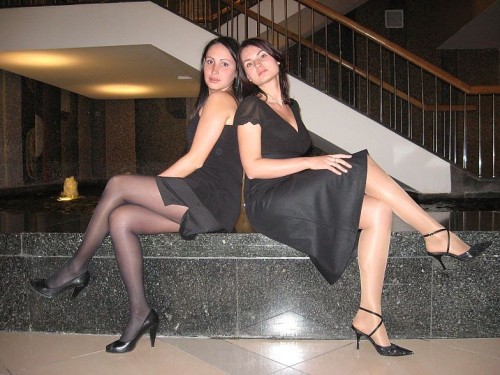 nylonpics: Two beauties wearing pantyhose