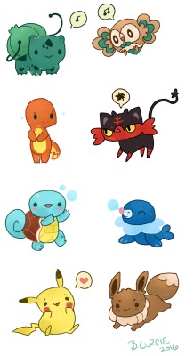 brittanycurrieart:  Pokemon starters from Red/Blue, Yellow and Sun/Moon! Pokemon are so fun and relaxing to draw! 