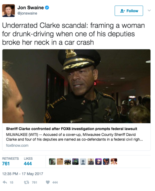 mediamattersforamerica:Trump just tapped Fox favorite David Clarke for a federal position in the Dept. of Homeland Security. Meanwhile, people are dying in his jails and he’s nowhere to be found.