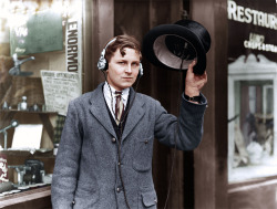 historicaltimes:  Personal Stereo - Eighteen year old inventor, H. Day wearing headphones attached to a wireless under his top hat on May 1922 in UK. via reddit Keep reading 