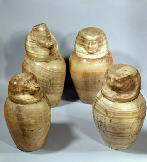 Canopic jars of Horiraa with heads of the four sons of Horus (alabaster). Late/Saite Period, 26th Dy