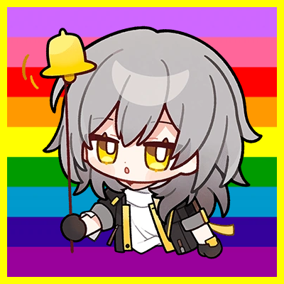 A chibi-style image of the character Stelle from the video game Honkai Star Rail overlaid atop the nine-stripe Gilbert Baker pride flag, with a yellow border.