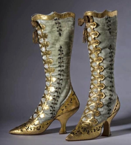 costumehistory:Trio of Victorian Boots1880s-1890s1889, France1883, Americavia Silk Damask