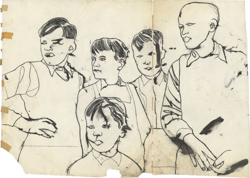 theories-of:Andy Warhol - no title (Five Boys), ca. 1954, ink and graphite on paper 53,6 x 74,2 cm