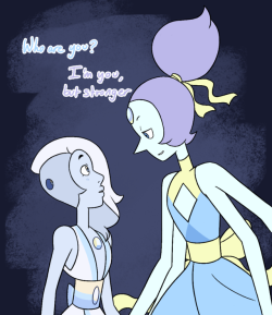 artifiziell:  alt version:Moonstone meeting @gaartes’s Lapis/Pearl fusion who is also a Moonstone (and just like, super pretty)