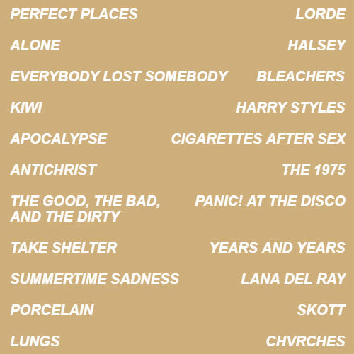 stormybisexual:  june: a playlist (x)i. perfect places lorde// ii. alone halsey// iii. everybody lost somebody bleachers// iv. kiwi harry styles// v. apocalypse cigarettes after sex// vi. antichrist the 1975// vii. the good, the bad, and the dirty panic!