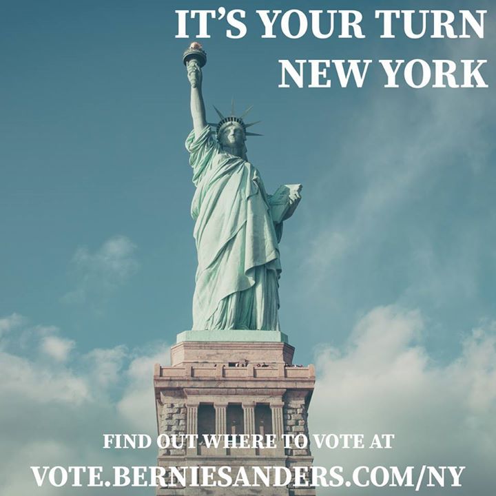 IT’S YOUR TURN NEW YORK! We need every vote today, let your voice be heard. Find out where to vote at http://ftb.click/1VfEt50 #FeelTheBern #NYPrimary #Bernie2016