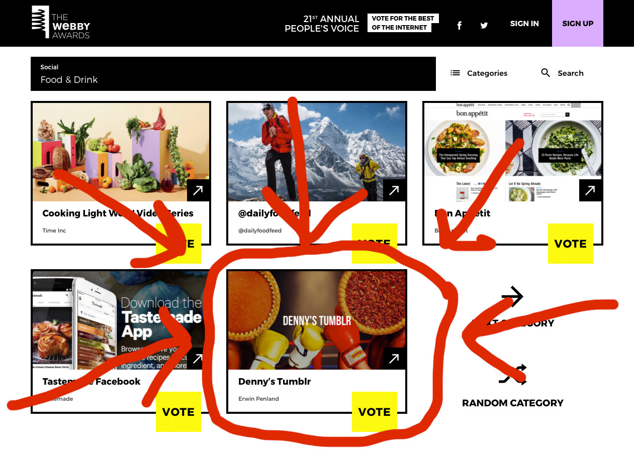 dennys: check it out we hacked our way into the webby’s, vote for us so we can