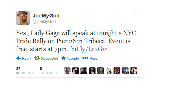 itsgagarauhl:  Is confirmed that Lady Gaga will speak tonight at NYC Pride Pally