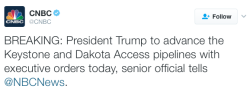 micdotcom:  Trump to sign executive orders pushing forward Dakota Access and Keystone XL pipelines Trump will sign an executive order Tuesday on the Dakota Access and Keystone XL pipelines, according to multiple reports. The orders will push forward the
