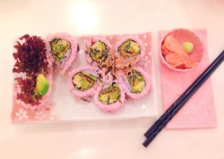 princess-peachie:  The special pink “sakura” sushi I had today was SO CUTE and even the plates and napkins were pink! ;o;