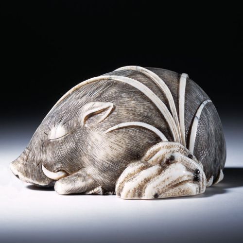 virtual-artifacts: Carved ivory okimono in the shape of a boar signed Masatsugu, Japan, 19th century