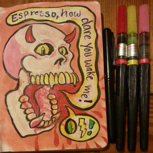 Sketchbook Project 2015. “Espresso, how dare you wake me!” #artistsoninstagram #artistsontumblr #mattbernson #drawing #skulls #skullsforlife #pentelbrushpen